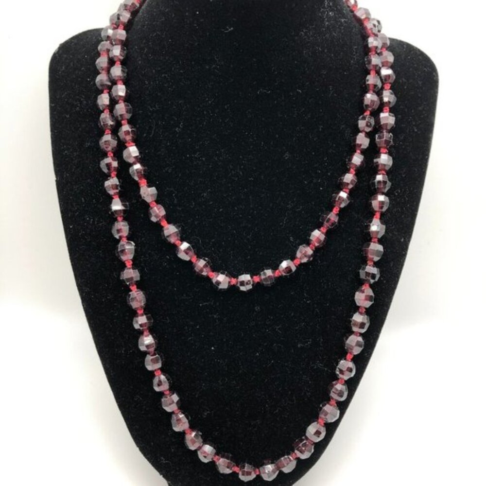 Garnet Necklace 38 Inch Strand Beaded Faceted Garnets Individually Knotted